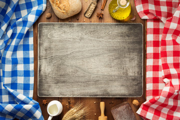 bread and bakery ingredients on wood