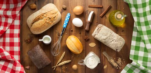 bread and bakery ingredients on wood