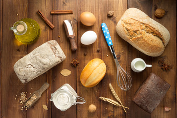 bread and bakery ingredients on wood