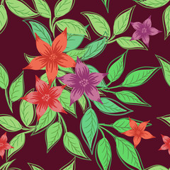 Beautiful seamless pattern with flowers and green leaves.