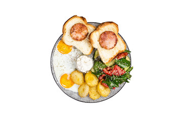 Big delicious breakfast with fried eggs, fried potatoes, fresh salad, chicken ham on bread and cream sauce. Isolated on the white background. Top view