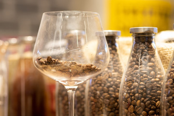 coffee seeds in the wine glass and bottles