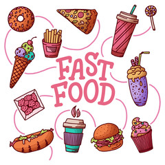 Vintage illustration with fast food doodle elements and lettering on white background for concept design. Vector illustration for any purposes.