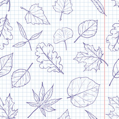 Vector Seamless Pattern with Sketch Leaves on Squared Background