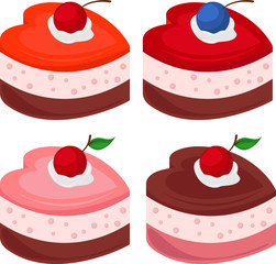 Set of cakes in the form of hearts. Vector illustration on the theme of eating souffle cakes sweets.