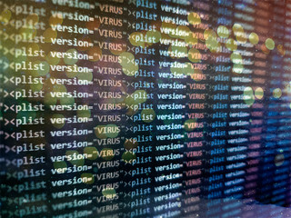 Virus detected, alert message. Scanning and identifying computer virus inside binary code listing.