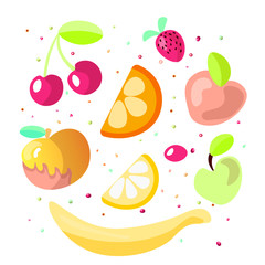 Cute cartoon fruit collection. Sweet fruits icon, summer fruit desserts isolated on white background. Cherry, orange, lemon, apple and strawberry in one cartoon set. Summer sweet fruit illustration