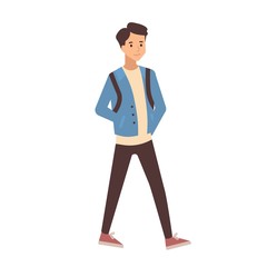 Young teenage boy dressed in casual clothes walking to school. Portrait of pupil, university or college student isolated on white background. Colorful vector illustration in flat cartoon style.