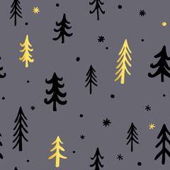 Obraz premium Hand drawn Christmas background with Cute Fir Trees.. Vector. Stylish and Pleasant Palette. Doodle New Year ink seamless pattern