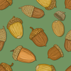 Vector Seamless Autumn Pattern with Acorns on Green Background