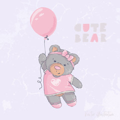 Obraz na płótnie Canvas Cute bear flying in a balloon. Children s illustration. Vector drawing.
