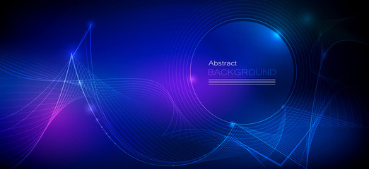 Illustration Abstract glowing, neon light effect, wave line, wavy pattern. Vector design communication techno on blue background. Futuristic digital technology for web or banner background