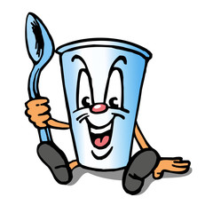 Cup of yogurt with face, sitting with spoon in hand, mascot color
