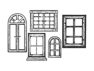 House wooden old windows engraving vector illustration. Scratch board style imitation. Black and white hand drawn image.