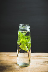 Mint detox drink in small bottle. Selective focus. 
