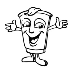 Cup of yogurt with face, makes a big hug, mascot black and white