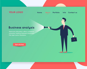 Site template. Businessman with a flashlight. Office life, business. Analysis website template