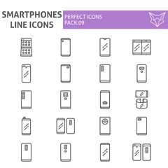 Smartphones line icon set, communication symbols collection, vector sketches, logo illustrations, mobile phone signs linear pictograms package isolated on white background.