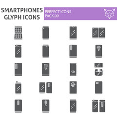 Smartphones glyph icon set, communication symbols collection, vector sketches, logo illustrations, mobile phone signs solid pictograms package isolated on white background.