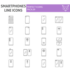 Smartphones thin line icon set, communication symbols collection, vector sketches, logo illustrations, mobile phone signs linear pictograms package isolated on white background.