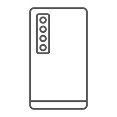 Smartphone with four camera thin line icon, technology and communication, mobile phone sign, vector graphics, a linear pattern on a white background.