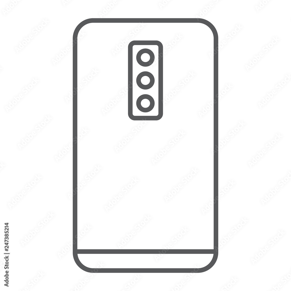 Poster smartphone with three camera thin line icon, technology and communication, mobile phone sign, vector