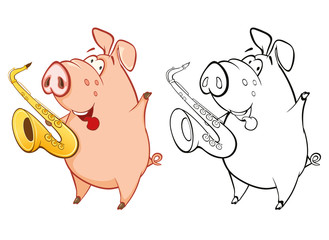 Naklejka premium Vector Illustration of a Cute Pig Musician. Coloring Book Cartoon Character 