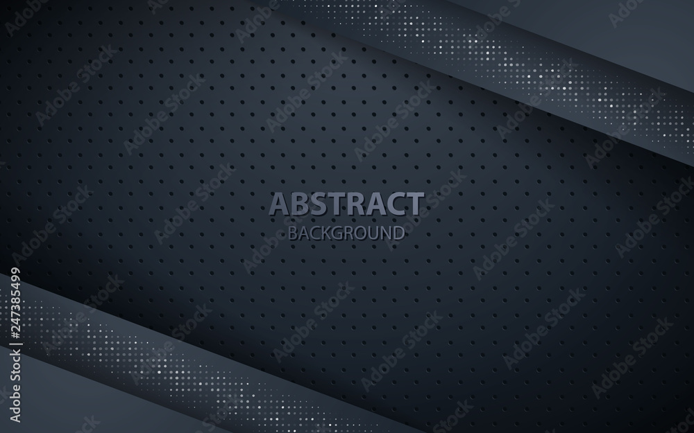 Poster dark abstract background with black overlap layers. texture with silver glitters dots element decora