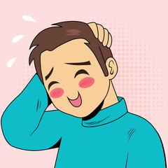 Illustration of embarrassed young man with hand behind head smiling and blushing