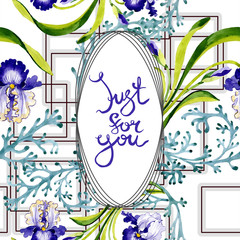 Blue iris floral botanical flower. Watercolor background illustration set. Frame border ornament...