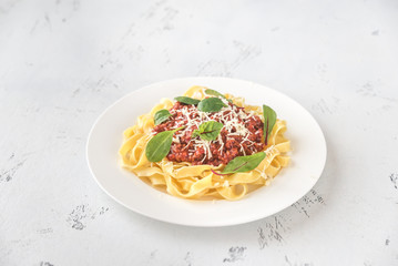 Portion of tagliatelle with bolognese sauce