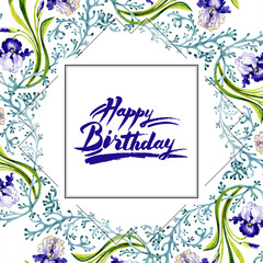 Blue iris floral botanical flower. Watercolor background illustration set. Frame border ornament...