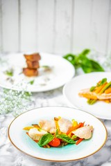 delicious dinner of chicken fillet with vegetables