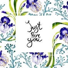 Blue iris floral botanical flower. Watercolor background illustration set. Frame border ornament...