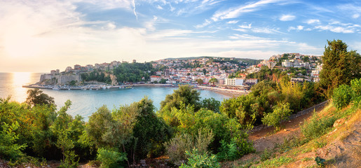 Panoramic view of Ulcinj, medieval mediterranean town, popular summer tourist resort in Montenegro, scenic travel background, large panorama