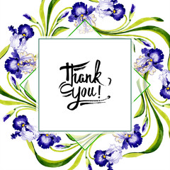 Blue iris floral botanical flower. Watercolor background illustration set. Frame border ornament...
