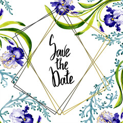 Blue iris floral botanical flower. Watercolor background illustration set. Frame border ornament...