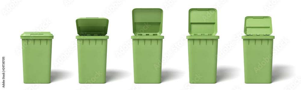 Poster 3d rendering of several light-green dumpsters in a row on white background.
