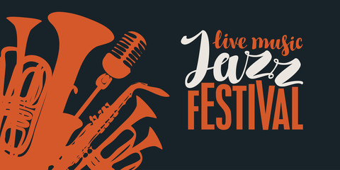 Fototapeta premium Vector poster for a jazz festival of live music in retro style on black background with wind instruments, saxophone, microphone and inscriptions