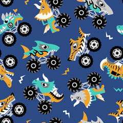 Scary animal monster trucks seamless vector pattern on dark blue background.   © MirabellePrint