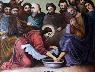 Obraz na płótnie Canvas Jesus washes the feet of Peter, fresco in the church of Saint Matthew in Stitar, Croatia 