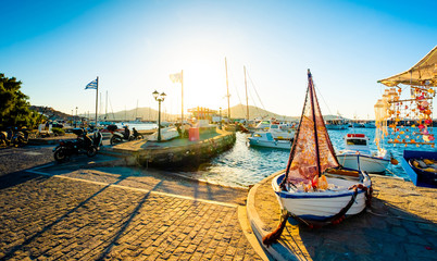 view of turquoise bay and yachts at stony berth of sunshine greek island Paros