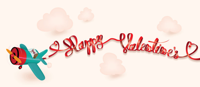 Happy Valentine's concept -red decorative paper text of ribbon hang with a turquoise plane flying in the beige sky