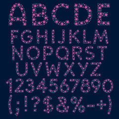 Fototapeta na wymiar Alphabet, letters, numbers and signs from pink stars and blue circles. Isolated vector objects.