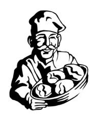 Baker with mustache and cook's hat with bowl of bread, black and white icon