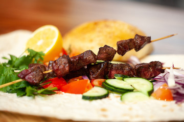 European international fusion cuisine, a beautiful dish on a white plate decorated with herbs and...