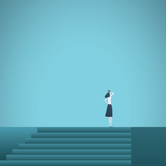 Business career achievement vector concept with businesswoman standing on top of stairs. Symbol of corporate ladder, promotion, success, motivation and ambition.