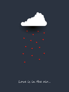 Valentine day card template with cloud raining hearts. Romantic adorable minimalist cartoon. Love symbol.