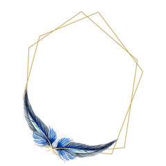 Watercolor blue and black bird feather from wing isolated. Frame border ornament square.