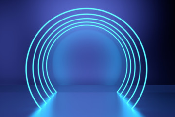 Glowing arc frames, neon lights, abstract background, ultraviolet, laser show. 3D Rendering